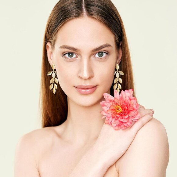 Women's Gold Long Leaf Shape Stud Dangling Plant Plated Earrings - Picture 4 of 7